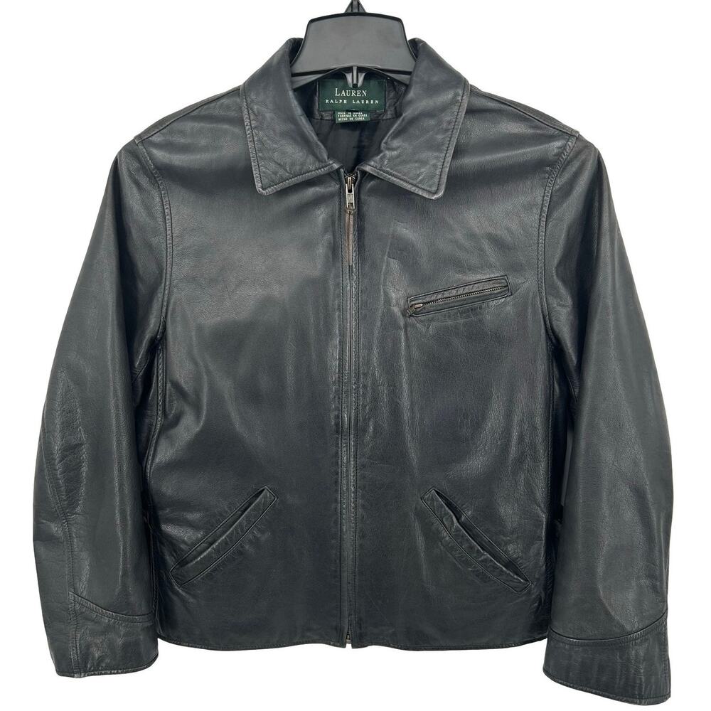 Vintage Women's LRL Lauren Ralph Lauren Black Leather Bomber Jacket Straps sz 10